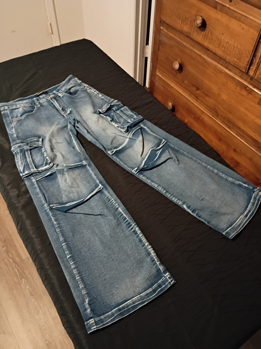 Light Blue Denim Cargo Jeans with Flared Leg